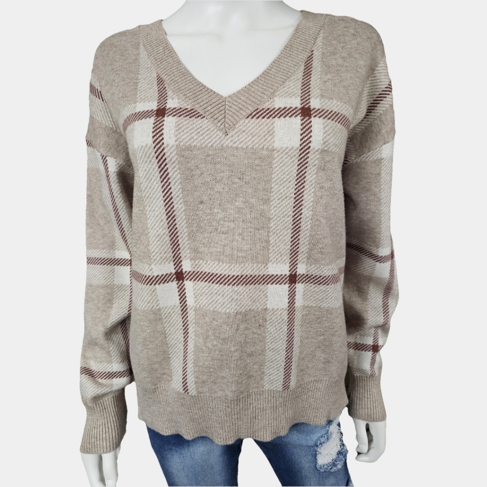 Max Studio V-Neck Long Sleeve Windowpane Plaid Pullover Sweater Size L